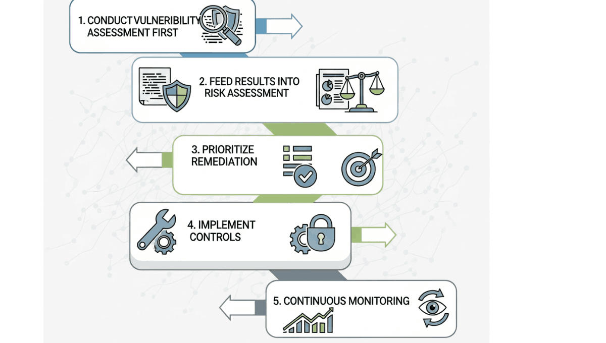 A five-step flowchart illustrating the integrated lifecycle of cybersecurity, from initial vulnerability scanning to continuous monitoring.