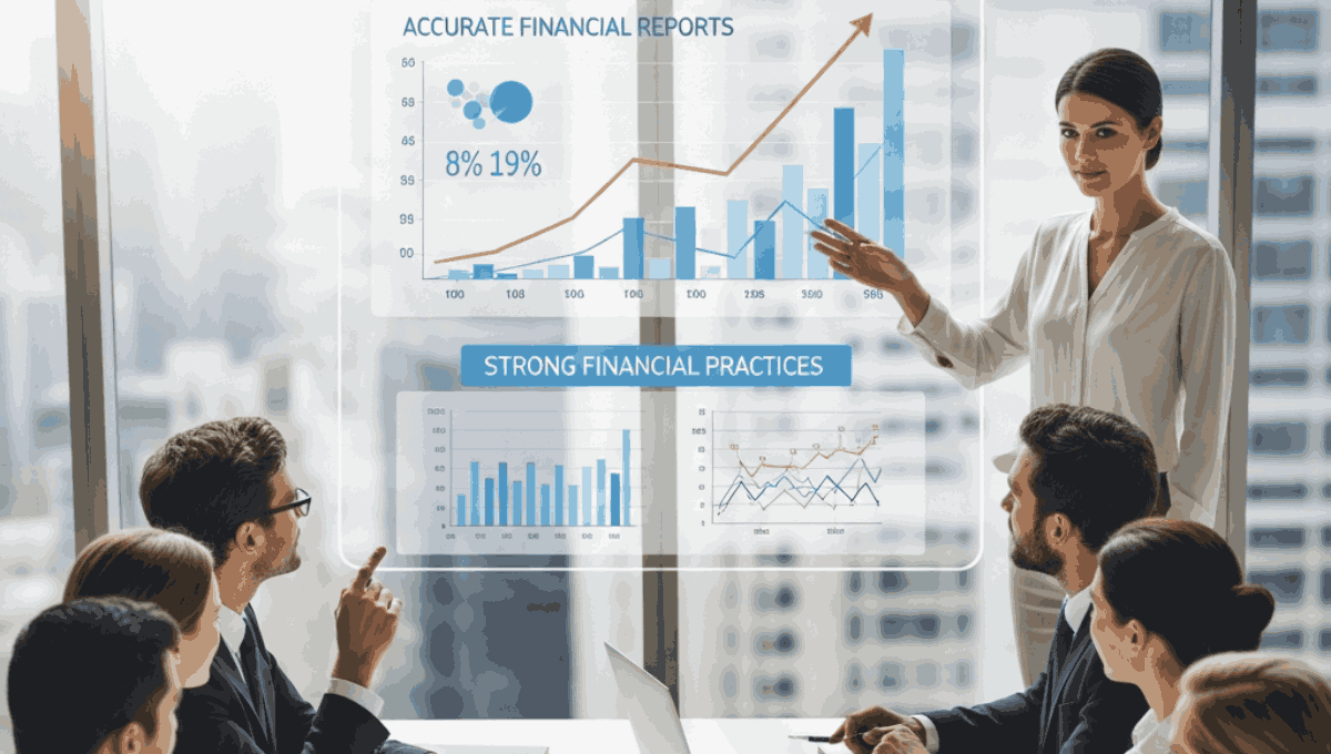 A business professional presenting accurate financial reports and strong financial practices to a group of engaged investors in a modern office.
