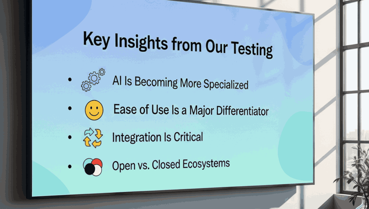 A wall-mounted digital display titled "Key Insights from Our Testing" listing four major trends in the AI industry with illustrative icons.
