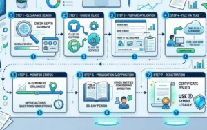 A step-by-step infographic flowchart illustrating the seven-stage process of trademarking a name with the USPTO, featuring icons for searching, filing, and registration.