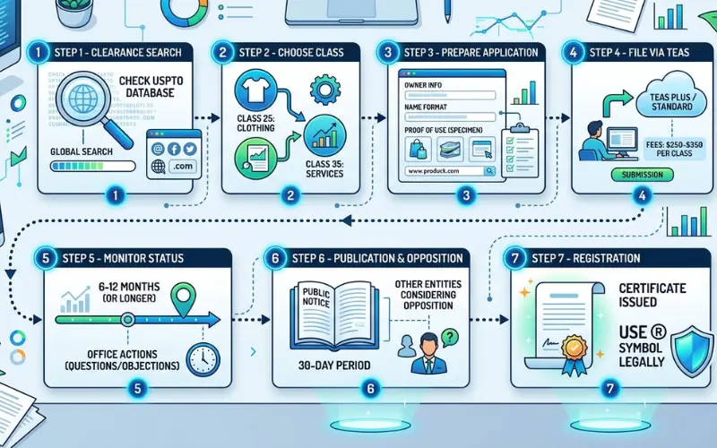 A step-by-step infographic flowchart illustrating the seven-stage process of trademarking a name with the USPTO, featuring icons for searching, filing, and registration.