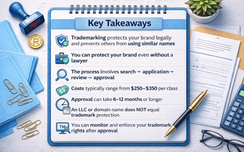 Key takeaways of trademarking a name including legal protection, process steps, costs, timeline, and enforcement rights