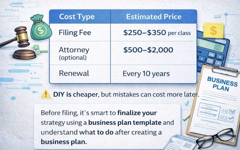Trademark cost breakdown showing filing fees, attorney costs, renewal timeline, and key tips for avoiding mistakes