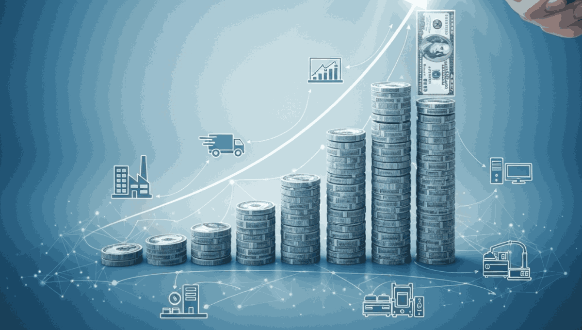A conceptual 3D chart showing rising coin stacks topped with a dollar bill, surrounded by icons representing business assets like factories, vehicles, and equipment.
