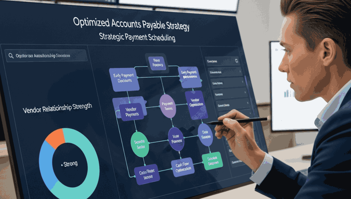 A professional using a digital stylus to analyze an "Optimized Accounts Payable Strategy" dashboard featuring flowcharts and vendor relationship metrics.