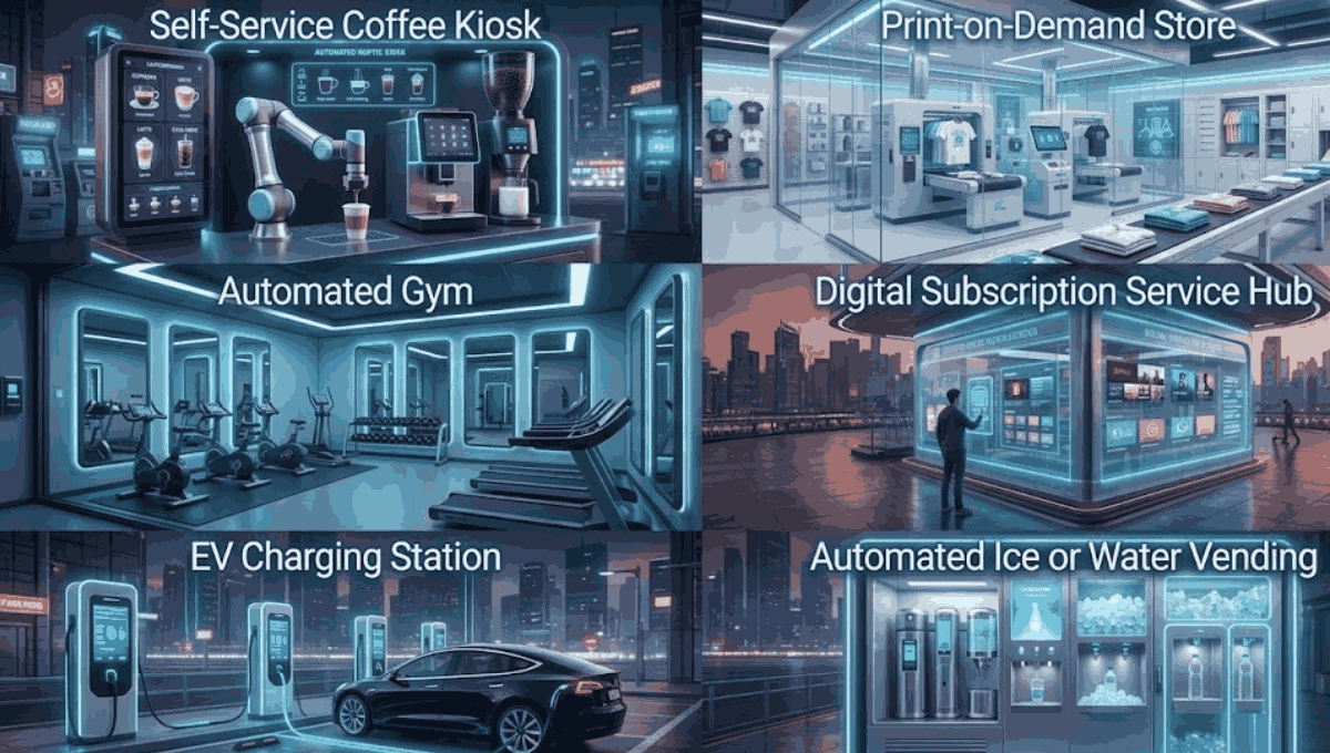 A 6-panel collage of futuristic, automated business concepts including robotic coffee kiosks, unmanned gyms, and EV charging stations.