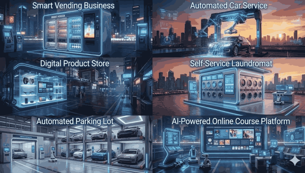 A collage of six futuristic, neon-lit self-service business concepts including automated car washes, smart vending, and AI-powered platforms.
