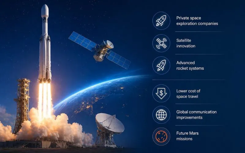 Space technology innovation with rocket launch, satellite communication, and advanced space exploration systems