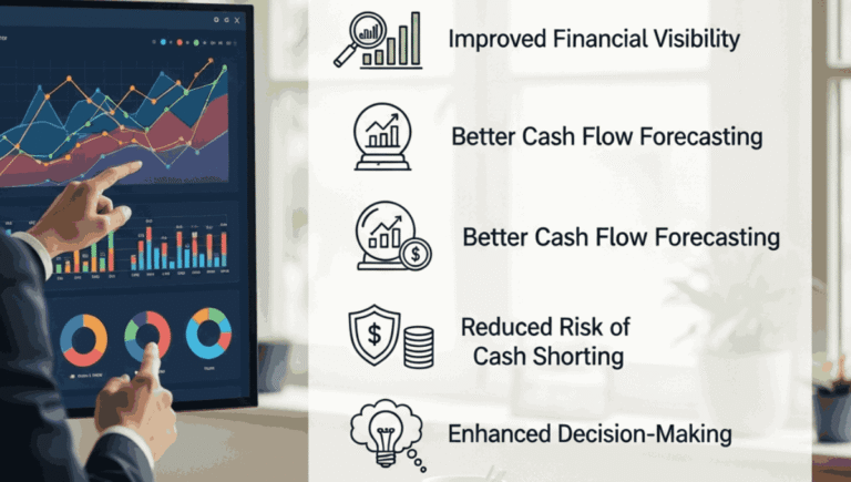 An infographic illustrating five key benefits of professional cash flow management services alongside a person pointing at a financial data dashboard.