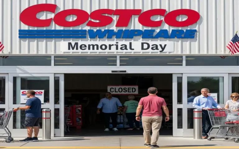 Costco warehouse entrance on Memorial Day with a “Closed” sign displayed, shoppers standing outside with carts, highlighting that Costco stores are closed for the holiday in the United States.