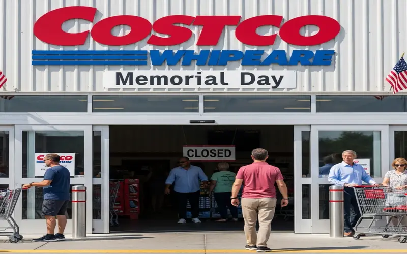 Costco warehouse entrance on Memorial Day with a “Closed” sign displayed, shoppers standing outside with carts, highlighting that Costco stores are closed for the holiday in the United States.