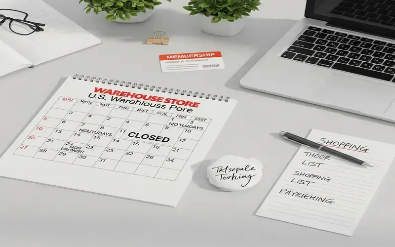 A neatly arranged desk setup featuring a calendar labeled “Warehouse Store U.S. Warehouse Store” with specific days marked as “Closed,” representing a holiday schedule. Surrounding the calendar are a laptop, a membership card, a shopping list, and office accessories, symbolizing planning ahead for store closures. The image visually conveys how shoppers can prepare for holidays when warehouse stores like Costco are closed.