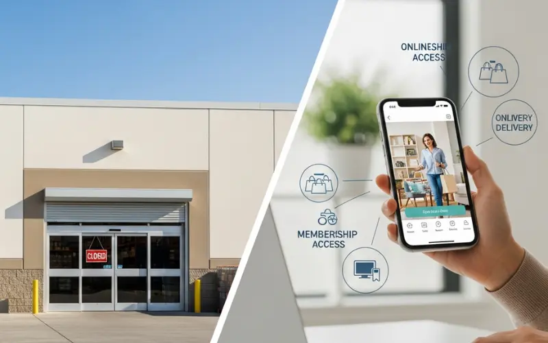 Closed retail store contrasted with a smartphone displaying online shopping app features like delivery, membership access, and digital purchasing