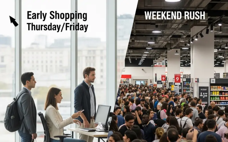 Comparison of calm early weekday shopping with a small queue and crowded weekend rush inside a busy retail store