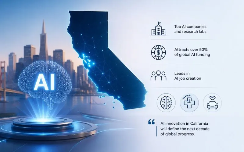 Artificial intelligence innovation in California with AI brain hologram, San Francisco skyline, and data-connected California map