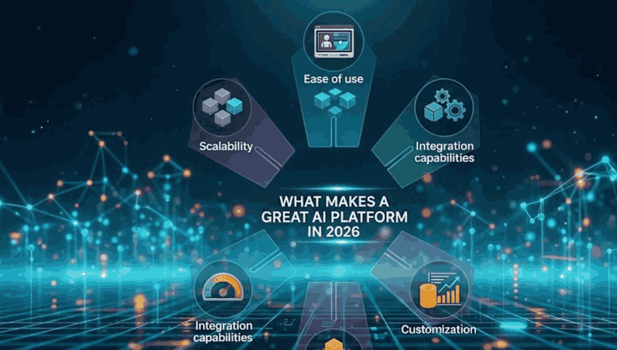 A circular infographic about "What Makes a Great AI Platform in 2026" featuring five futuristic icons for scalability, ease of use, and more.