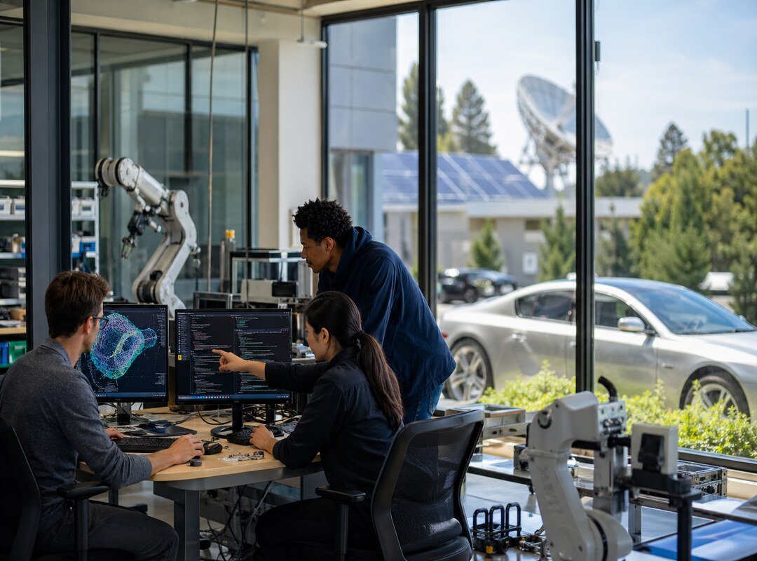 Engineers working on AI and robotics technology in a California innovation lab with electric vehicle and solar panels in background