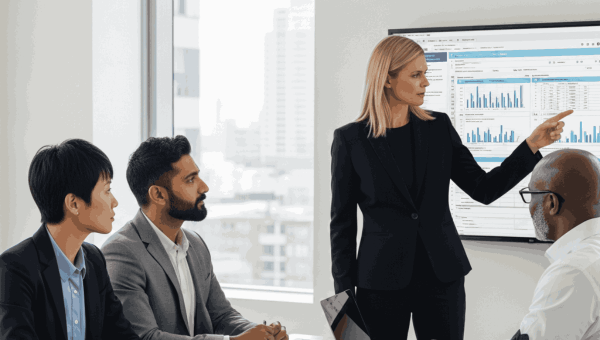 A female tax professional in a black blazer points to a screen of financial data and bar charts while presenting to a diverse group of attentive clients.