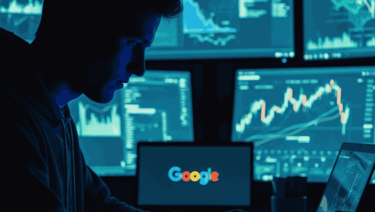 An engineer in a dark room sits before multiple monitors displaying financial charts and a laptop with the Google logo.
