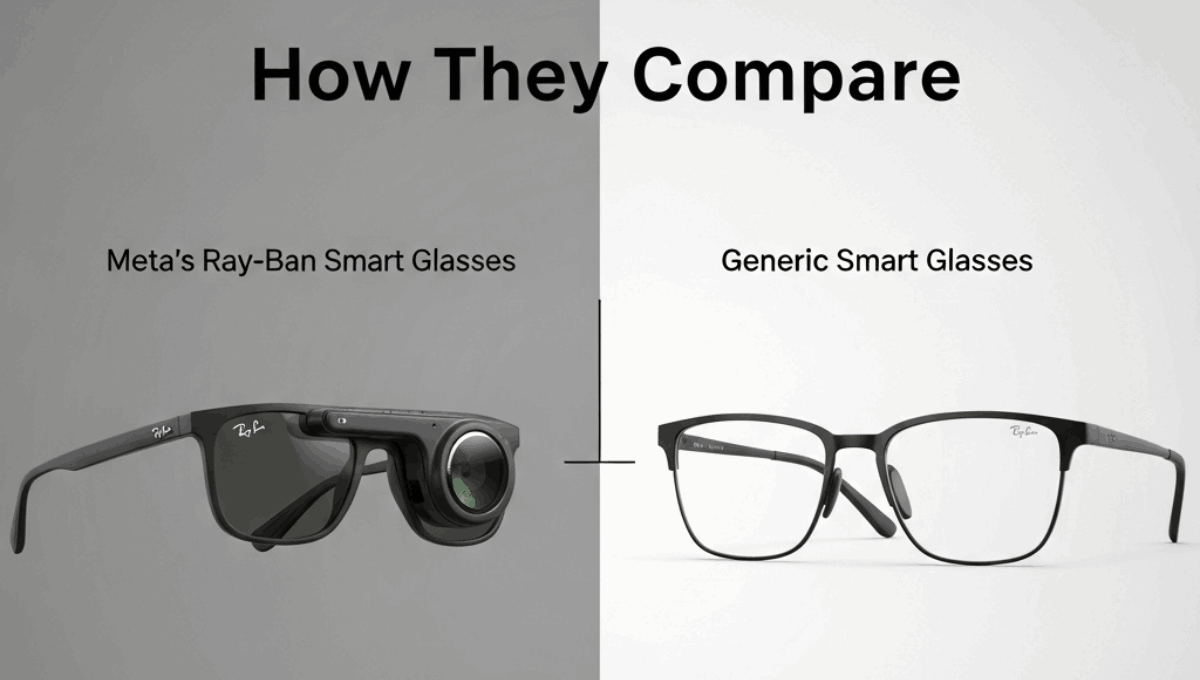 A side-by-side comparison graphic showing Meta's Ray-Ban Smart Glasses with a prominent built-in camera lens next to regular, thin-framed generic smart glasses.