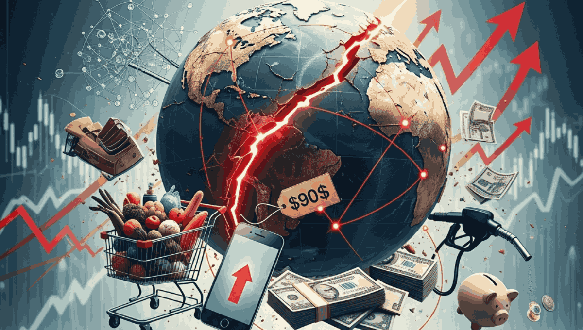 An AI-generated surreal illustration of a cracked globe surrounded by rising stock arrows, a shopping cart full of groceries, cash, a fuel pump nozzle, and a price tag reading "$90$".