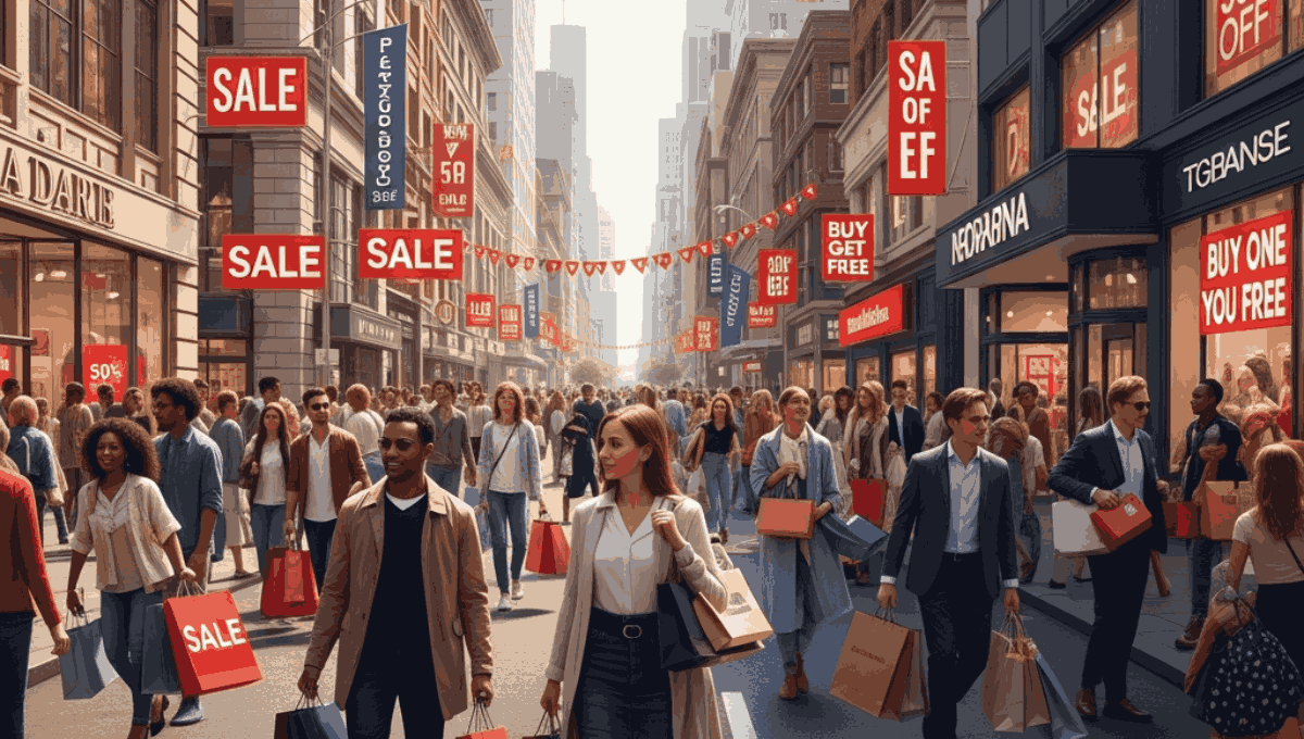 A bustling city street crowded with shoppers carrying bags amidst numerous bright red "SALE" and "BUY ONE GET FREE" signs.