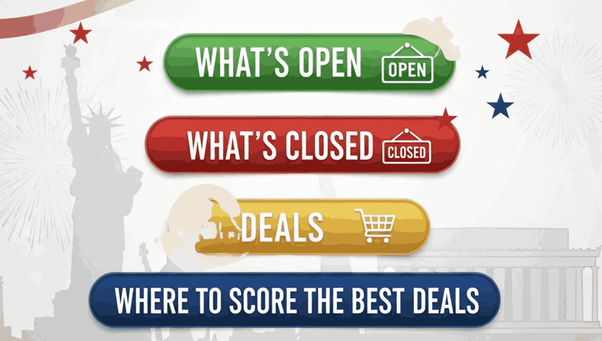 An infographic banner titled "Memorial Day 2026" featuring text buttons for what's open, closed, and where to find deals against a patriotic background.