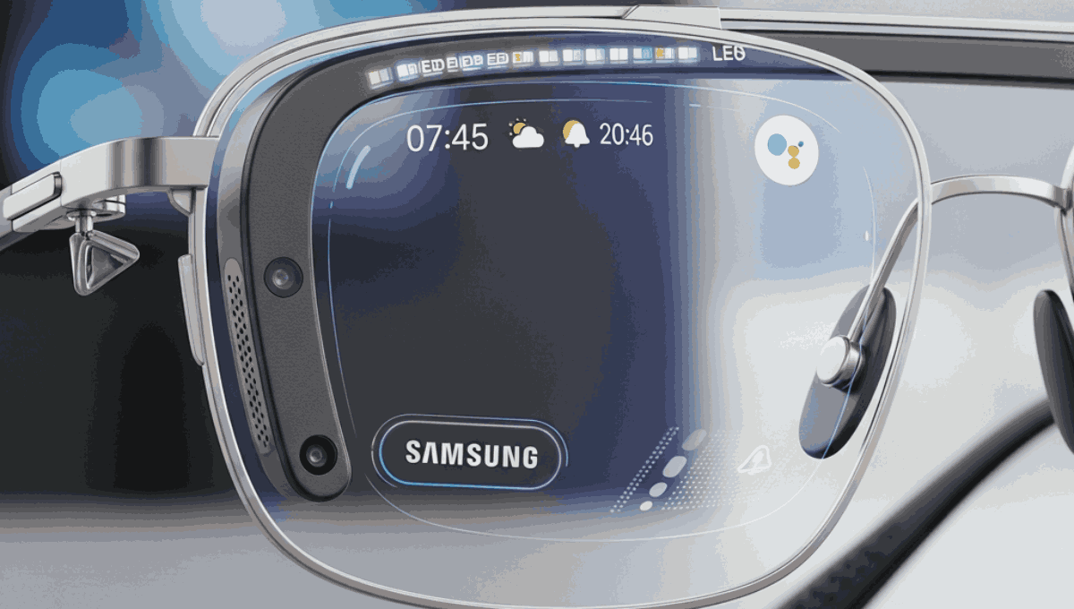 close-up of a futuristic silver-framed smart glass lens showing a digital interface with a Samsung logo, time, weather icons, and the Google Assistant logo.