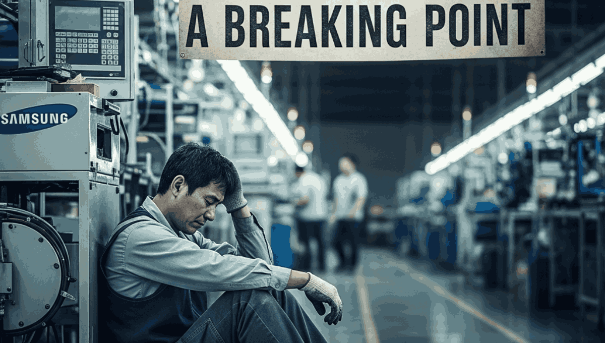 An exhausted factory worker sitting on the floor of a Samsung manufacturing facility beneath a sign reading "A BREAKING POINT.