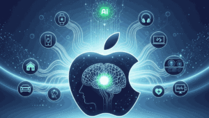 A futuristic digital illustration of a large Apple logo embedded with a glowing human brain silhouette, surrounded by interconnected lines leading to various smart device and ecosystem icons.