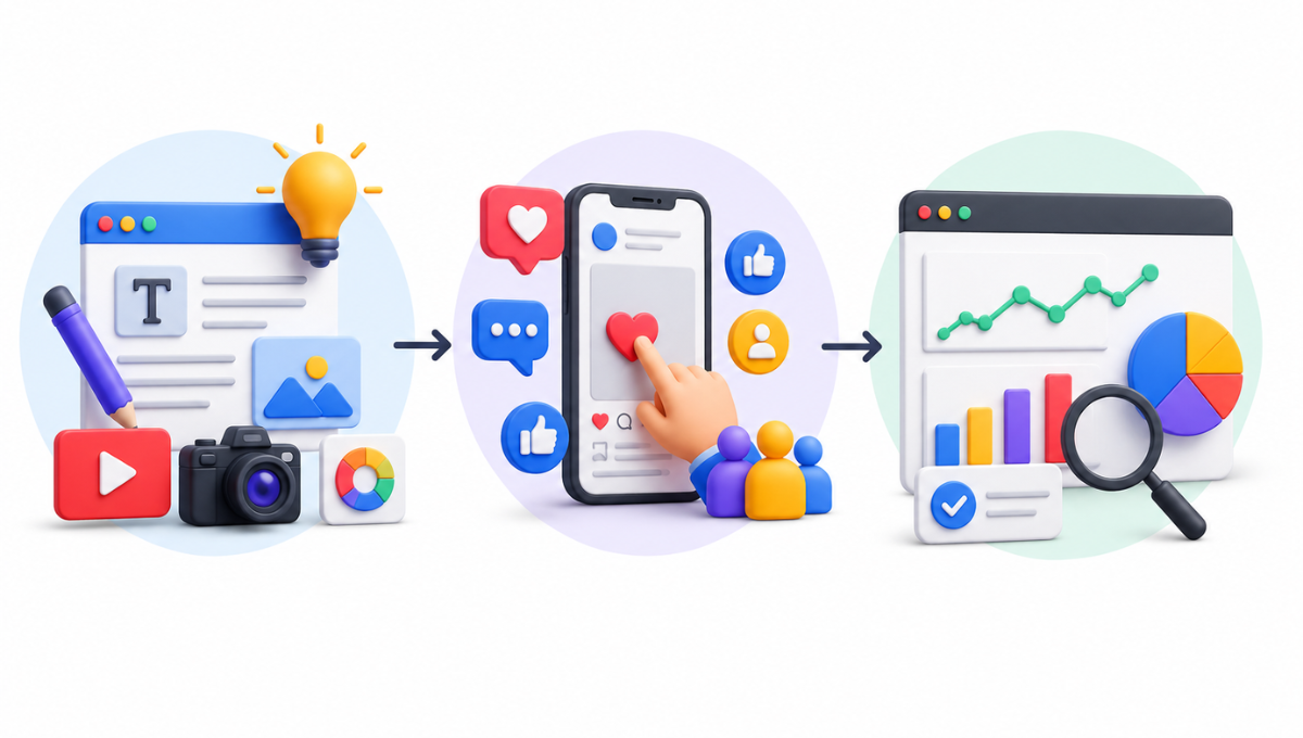 A three-step 3D illustration showing the social media marketing workflow: content creation, user engagement on a smartphone, and data analytics tracking.
