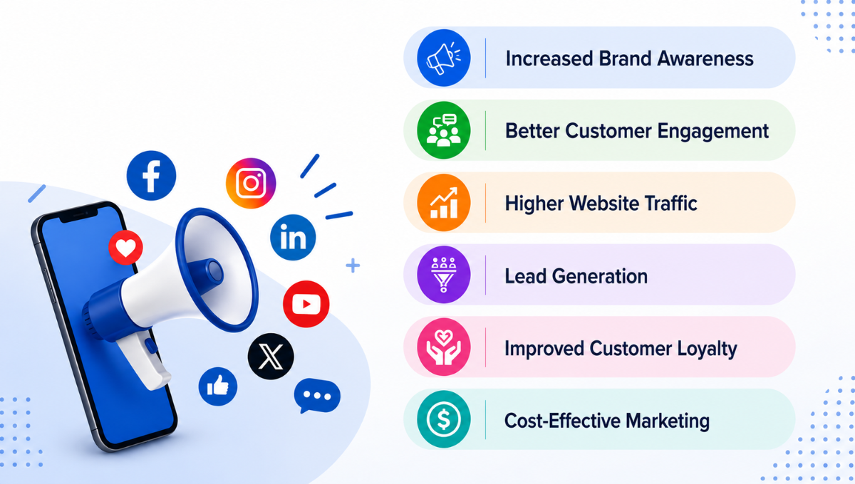 An infographic detailing the key benefits of social media marketing alongside a 3D smartphone and megaphone surrounded by popular social media platform icons.