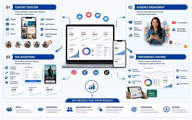 the social media marketing workflow with four key stages: content creation, audience engagement, paid advertising, and performance tracking. The design features a central analytics dashboard connected to each stage, along with key performance metrics including reach, impressions, engagement rate, click-through rate, conversions, and revenue.
