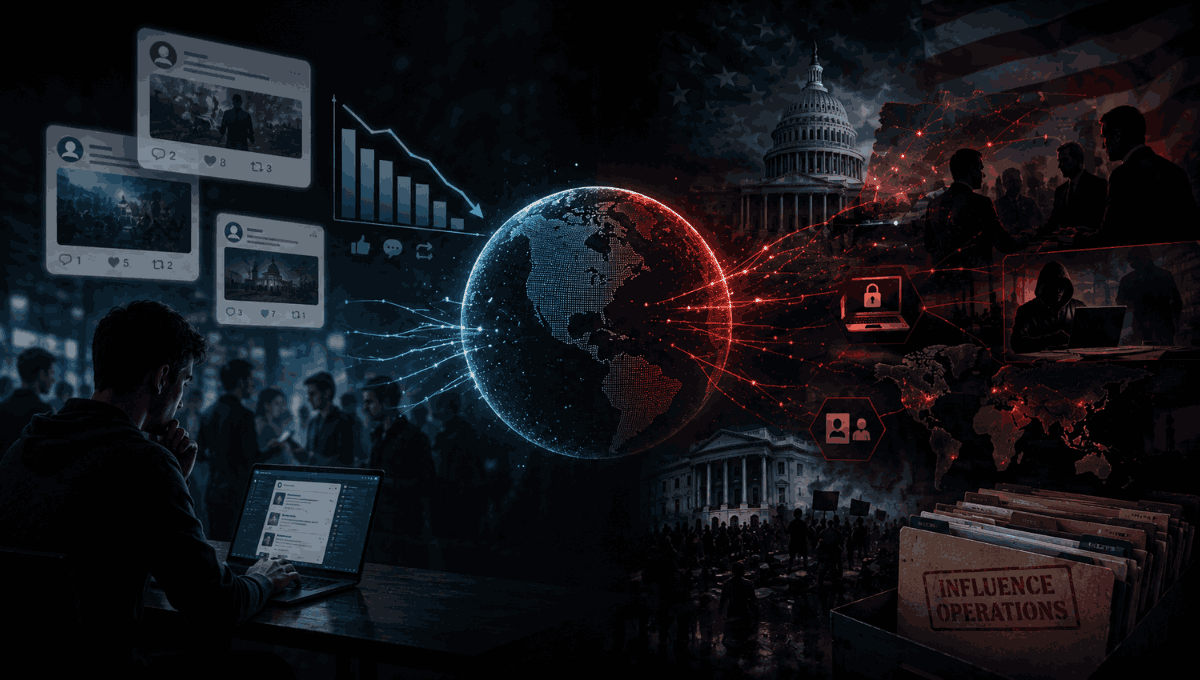 An operator uses a laptop to track digital networks converging on a central globe, surrounded by social media feeds, political figures, and a file labeled "Influence Operations."