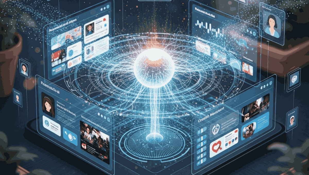 A glowing digital sphere radiating energy sits at the center of a futuristic 3D interface surrounded by holographic floating screens displaying personalized user profiles and media.