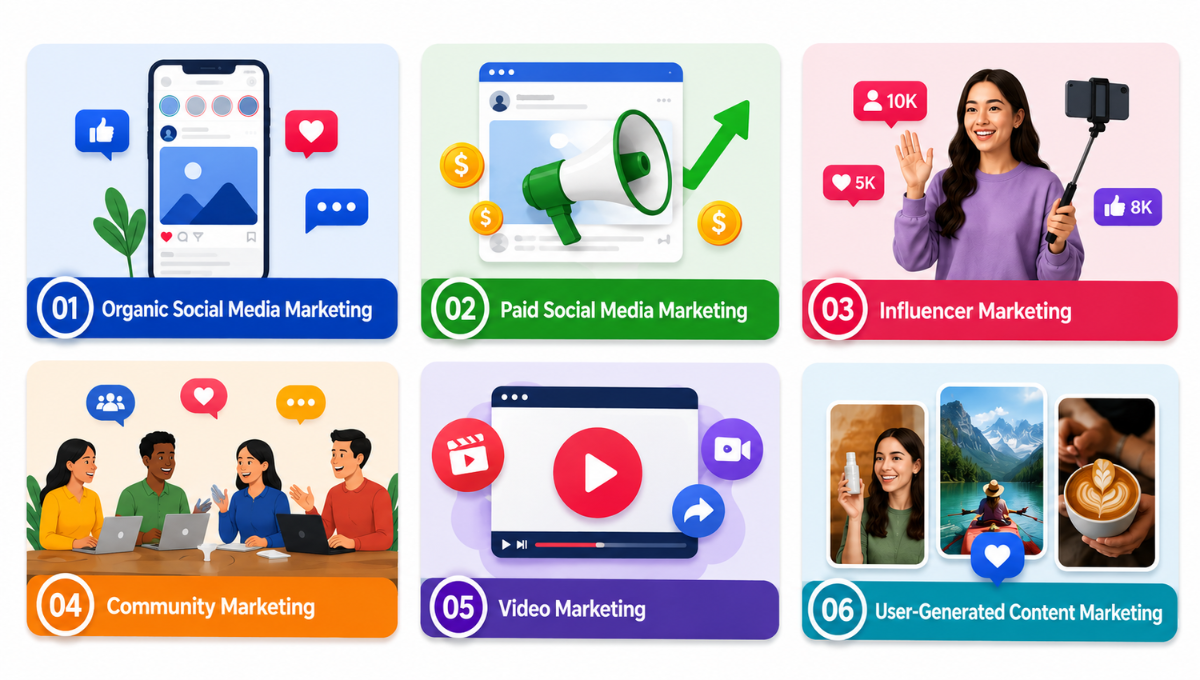 An infographic grid displaying six types of social media marketing: Organic, Paid, Influencer, Community, Video, and User-Generated Content Marketing.