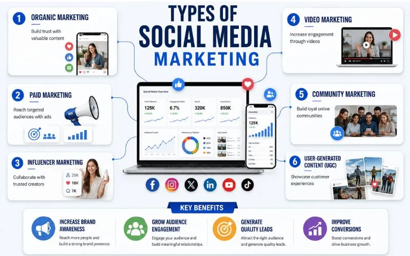 A 3D infographic illustrating different types of social media marketing, featuring interactive pillars for influencer partnerships