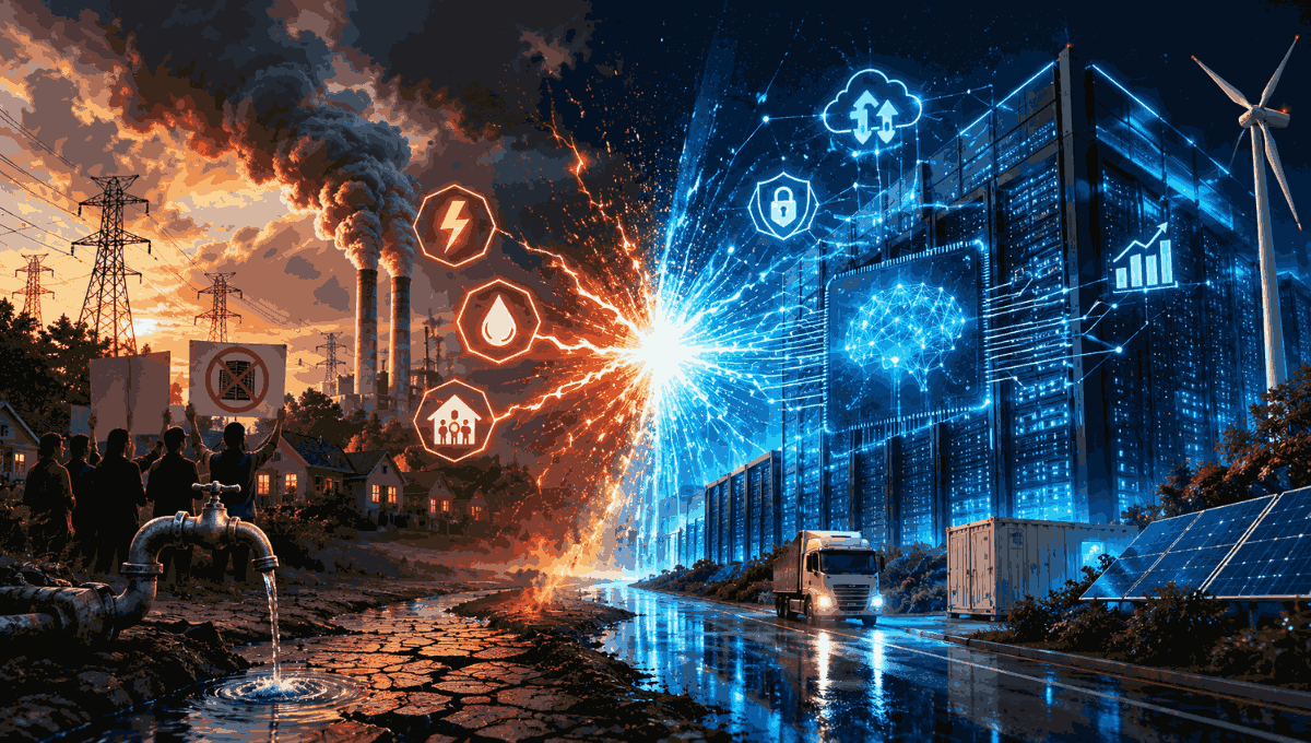 A dramatic split-screen illustration contrasting a polluted landscape of community protests with a glowing, high-tech AI data center powered by renewable energy.