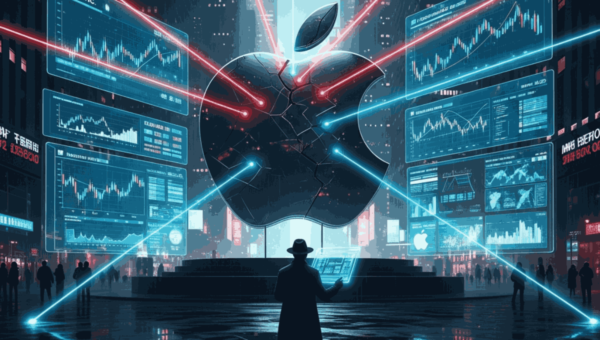 A dark metallic, cracked Apple logo stands in a futuristic city center surrounded by large digital stock market screens and targeted by red and blue laser beams.