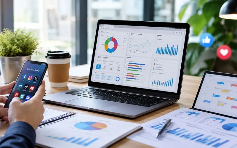 Modern digital marketing workspace featuring a laptop displaying social media analytics dashboards, a smartphone with social media apps, marketing reports, engagement graphs, and a content calendar on a desk in a bright professional office environment. Photorealistic corporate setting with business analytics and social media strategy elements.
